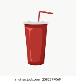 Illustration of a red disposable cup with a lid and straw. The red cup stands out with its vibrant color. Simple design of a red cup, lid, and straw. Aesthetic vector illustration.