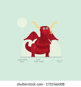 The illustration of Red Dragon In Castle with flat design style