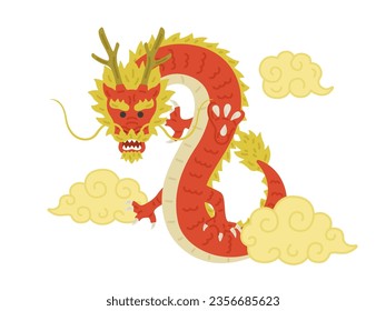 An illustration of a red dragon in the clouds, facing forward.