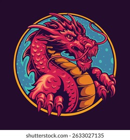 Illustration Of A Red Dragon Inside A Blue And Gold Circle Frame vector illustrations for your work logo, merchandise t-shirt, stickers and label designs, poster, greeting cards advertising business