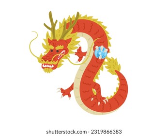 An illustration of a red dragon (standing picture) holding a ball.