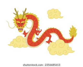 An illustration of a red dragon swimming in a cloud, facing forward.