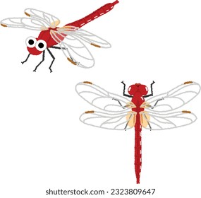Illustration of a red dragonfly. Dragonflies are insects with elongated wings and belly.