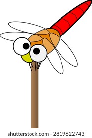 An illustration of a red dragonfly resting on the tip of a thin stick
