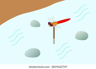 An illustration of a red dragonfly resting on the tip of a stick protruding from the water's surface