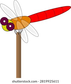 An illustration of a red dragonfly resting on the tip of a thin stick