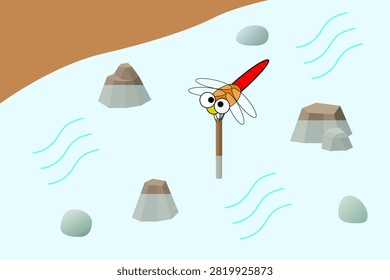 An illustration of a red dragonfly resting on the tip of a stick protruding from the water's surface