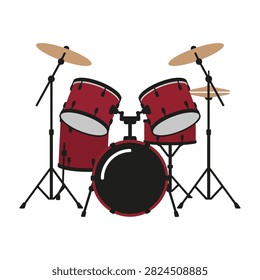 Illustration of a red drum set with cymbals and stands on a white background, music equipment