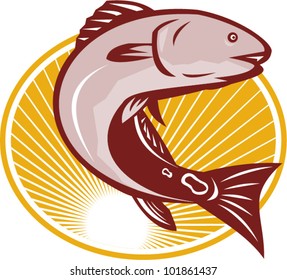 Illustration of a red drum spot tail bass fish done in retro style set inside circle.