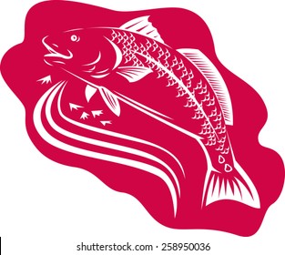 Illustration Of A Red Drum Spottail Bass Fish Done In Retro Woodcut Style.