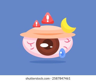 illustration of a red and dry eye with warning symbol and crescent moon. concept of red eyes due to staying up late and tired. dry and red eyes due to lack of sleep and rest. flat style design