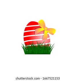 Illustration of red easter eggs decorated with ribbons and grass, Cute vector cartoon illustration. vector.