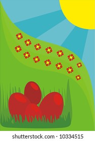 Illustration of red Easter eggs in green nest. Suitable for greetings.