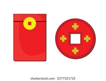 Illustration of red envelopes and Chinese coins. Red envelopes are traditionally filled with money and given as gifts during special occasions, such as Chinese New Year.