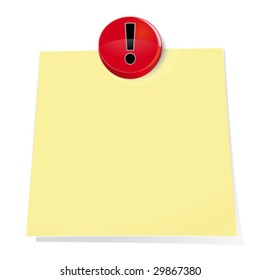 Illustration of a red exclamation push pin tacking a blank sticky note