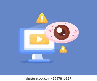 illustration of a red eye with a computer monitor. concept of sore eyes due to radiation. Computer Vision Syndrome. dry eyes due to staring at the monitor for too long. flat style design. elements