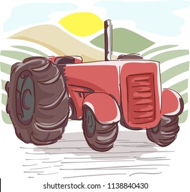 Illustration of a Red Farm Tractor in the Fields