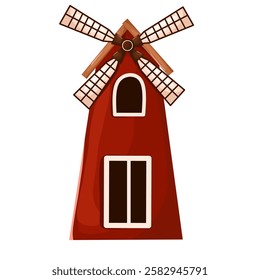 Illustration of a red farmhouse tower building with a large wind turbine propeller on top