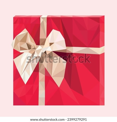 illustration of a red, festive package with a white bow made of triangles of different sizes, drawn in low poly style