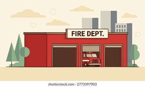 An illustration of a red fire department building with three bays, one of which has a partially visible fire truck, set against an urban backdrop with trees and clouds.