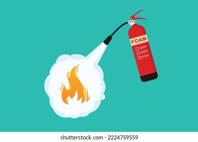 Illustration of a red fire extinguisher and a blazing fire. fire fighting design concept