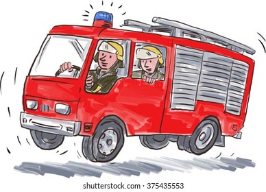 Illustration of a red fire truck engine firefighting apparatus with fireman fire fighter emergency worker riding on isolated white background.