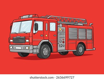 Illustration of a red fire truck with a ladder and hose, ready for action.
