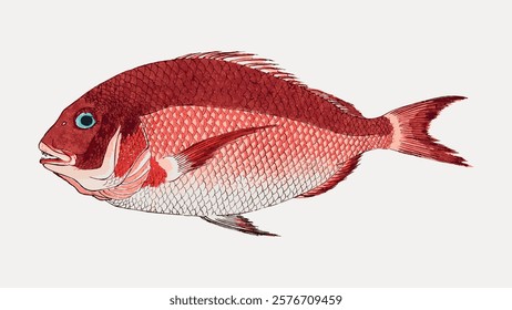 Illustration of a red fish with detailed scales and fins. The fish has a vibrant red color, with red fins and scales, and a prominent eye. Vintage style art drawing, isolated vector element.