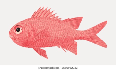 Illustration of a red fish with detailed scales and fins. The fish is depicted in a side view, showcasing its vibrant red color and intricate fin details. Vintage fish illustration isolated, vector.