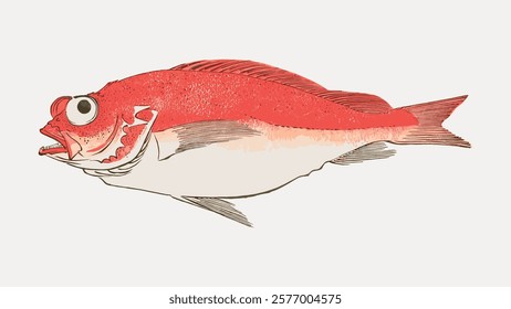 Illustration of a red fish with large eyes. The fish is red with detailed scales. Red fish with big eyes, showcasing vibrant red color and distinct features. Vintage art drawing, isolated vector.