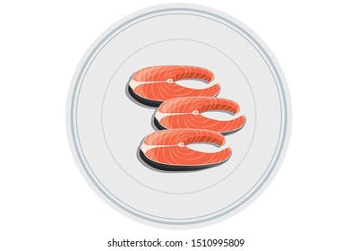 Illustration of the red fish piece lying on a plate isolated on background