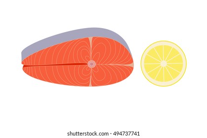 illustration red fish salmon steak on a white background isolated vector and lemon slice for sushi