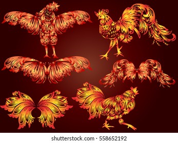 illustration with red flame rooster and wings as animal symbol of Chinese New year 2017 