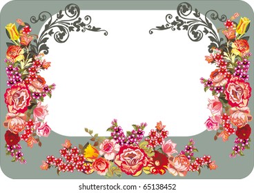 illustration with red floral frame on grey background