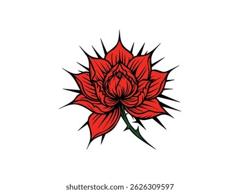 Illustration of a red flower with thorns isolated in white background 