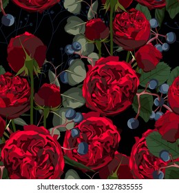 Illustration of red flowers, berries and eucalyptus. Seamless pattern of roses and herbs on black background. Floral element for box, paper, fabric, textile.