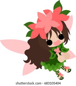 The illustration of red flowers and a cute fairy