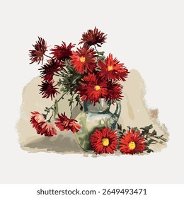 Ilustração de flores vermelhas em um vaso. Flores vermelhas com folhas verdes. Representação artística de flores vermelhas. Flores vermelhas vibrantes em um vaso decorativo. Vetor de ilustração de flor vintage.