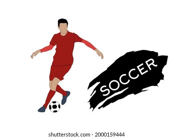 illustration of a red football player dribbling a ball.  Vector illustration can be used in stadiums, picture frames, banners, advertisements, stickers and logos.