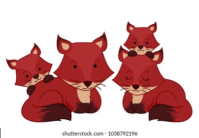 Illustration of a Red Fox Family with Parents and Two Cubs