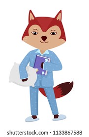 Illustration of a Red Fox in Pajamas with a Book and Pillow Ready to Sleep and Hibernate