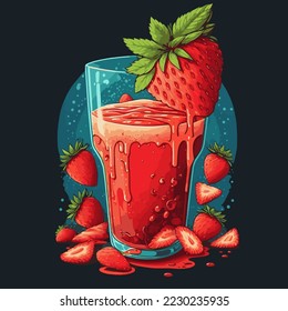Illustration of Red Fresh  strawberry smoothie with juice splash isolated on white background flat Vector color style
