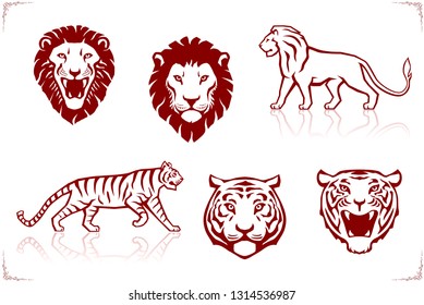 Illustration in red of the front view of a tiger's and lion's heads and silhouettes