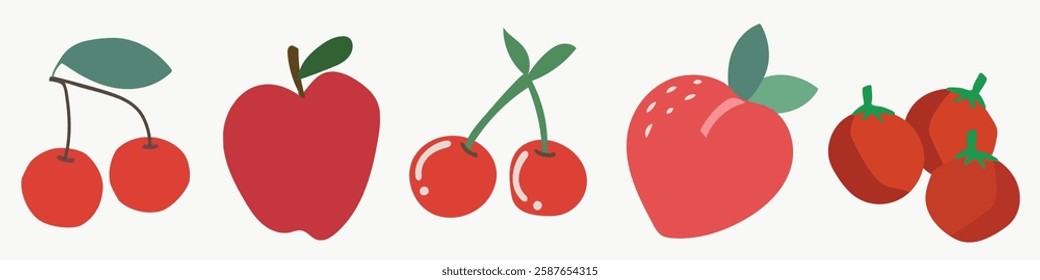 Illustration of red fruits: cherries, apples, strawberries, and tomatoes. Simple, colorful design of cherries, apples, strawberries, and tomatoes. Cute food vector illustration set.