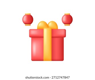 Ilustración de una caja de regalo roja con dos linternas. Linterna decorativa. Objeto. Decoración, ornamento, elemento de celebración del Año Nuevo chino. Diseño de estilo 3D. El fondo blanco
