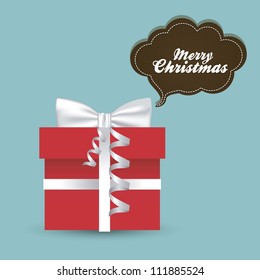 illustration of a red gift box with white ribbon isolated on blue background with text balloon, vector illustration