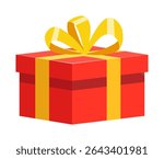 Illustration of a Red Gift Box with Yellow Ribbon on a White Background, present illustration