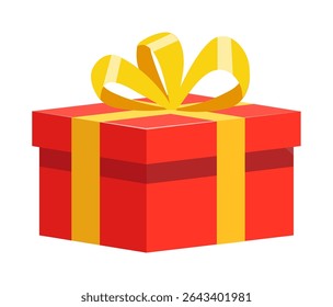 Illustration of a Red Gift Box with Yellow Ribbon on a White Background, present illustration