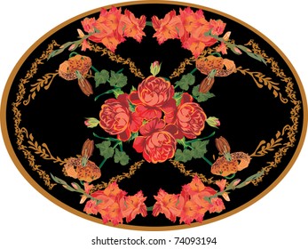 illustration with red gladiolus and rose flowers in oval frame