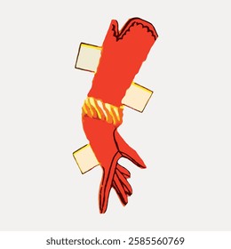 Illustration of a red glove with yellow accents, featuring paper tabs for paper doll use. Red glove, yellow accents, paper tabs, paper doll accessory. Vintage art illustration, vector.